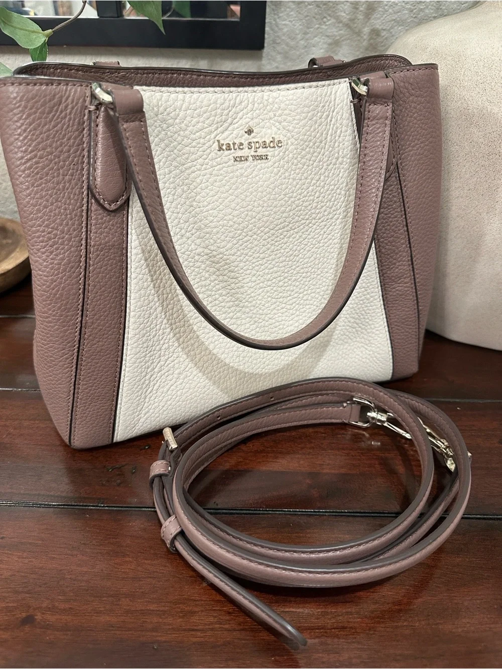kate spade Two-Tone Pebbled Leather Satchel in Cream and Mauve Brown